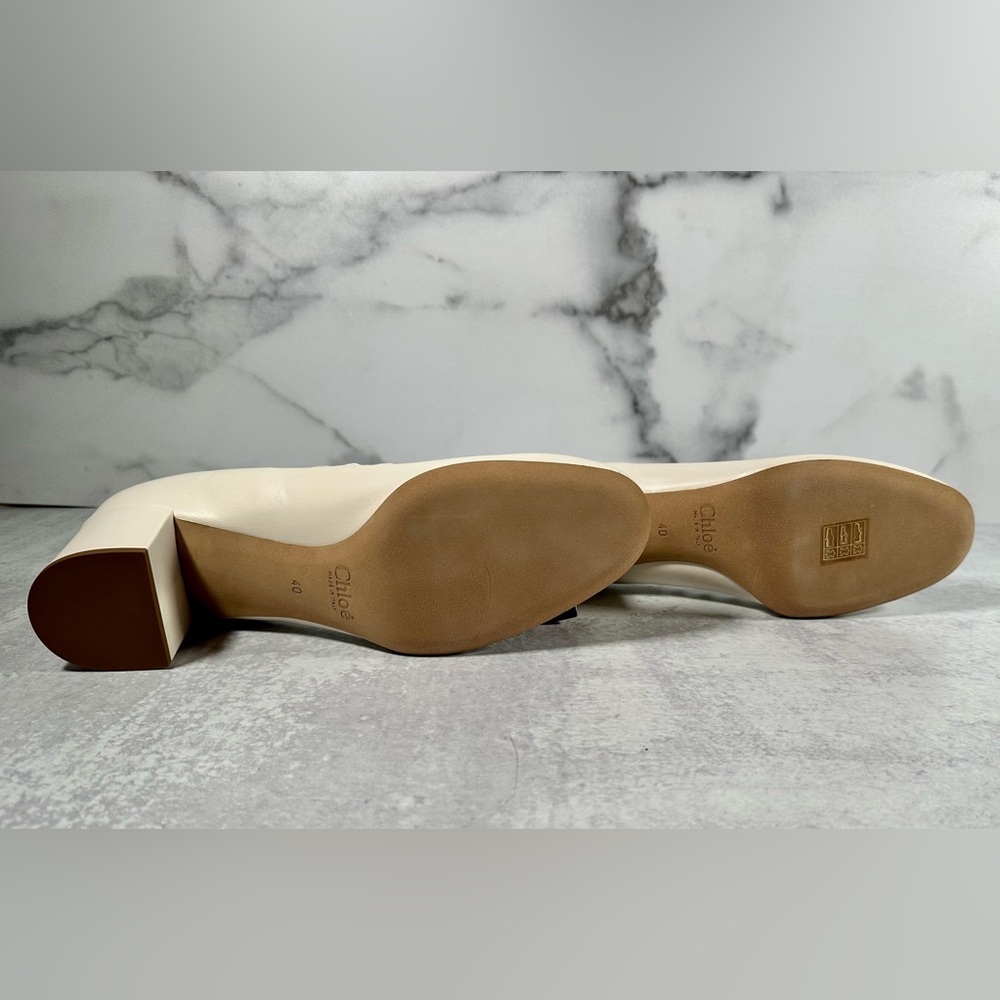 Chloé Block Heel Scallop Pumps Cream Leather Size 40- fits 9.5 - Picture 5 of 8